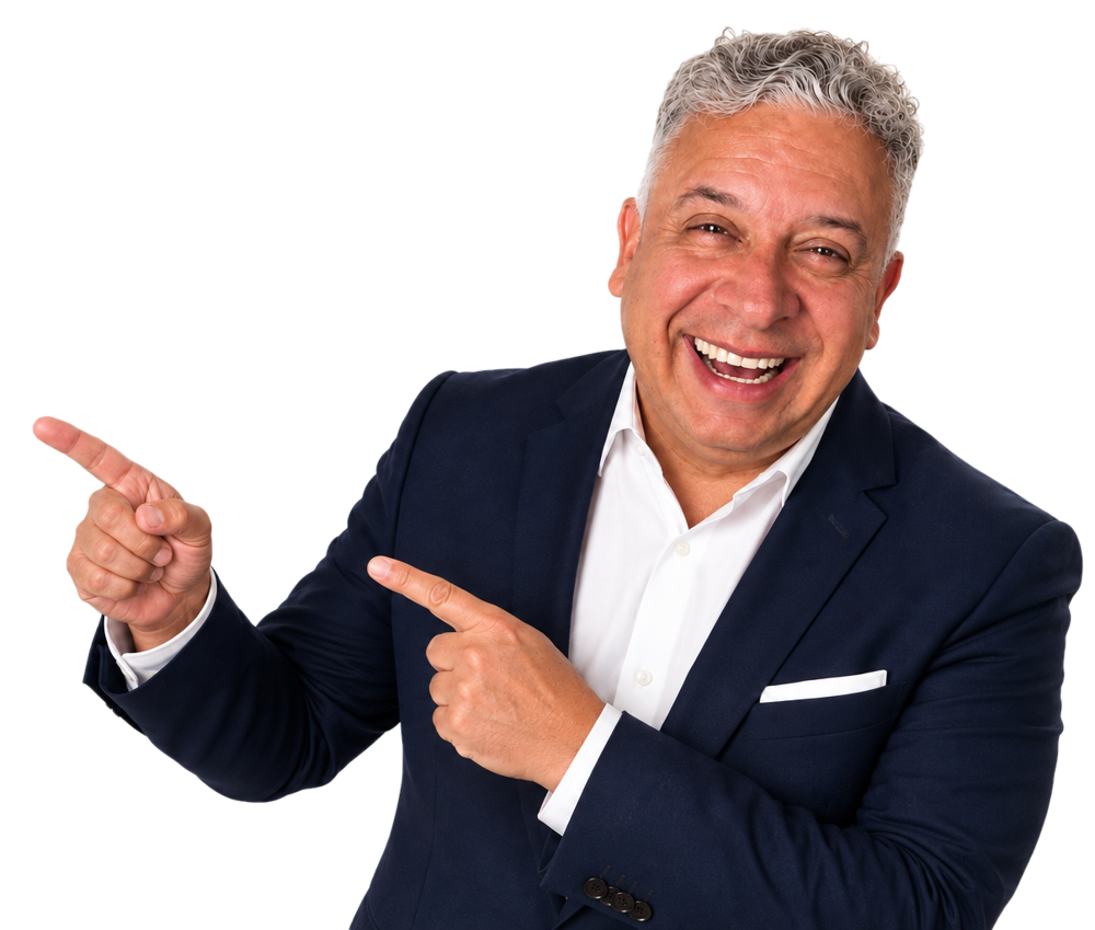 Willy sonriendo y apuntando hacia la oferta